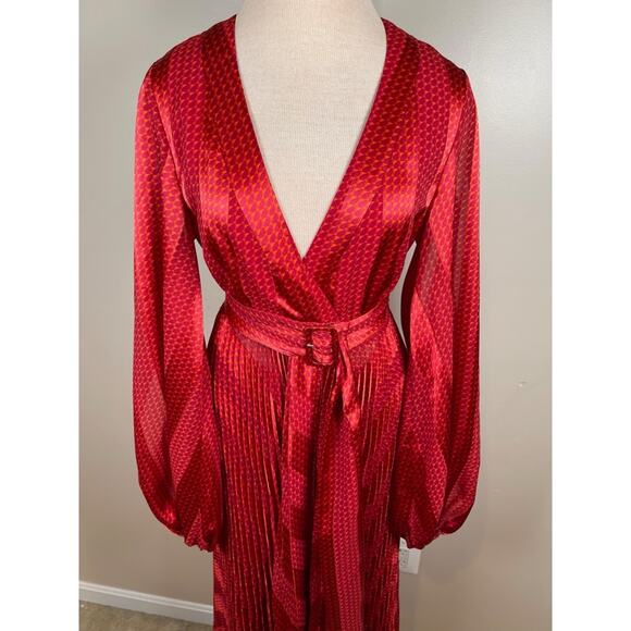 ALEXIS Salomo Long Sleeve V Neckline Belted Pleated Red Stripe Maxi Dress Sz Sw - Picture 5 of 12